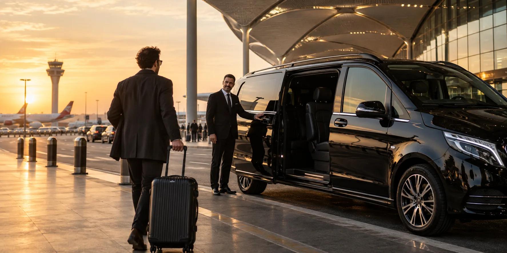 Private airport transfer van meeting a traveler at Istanbul Airport.