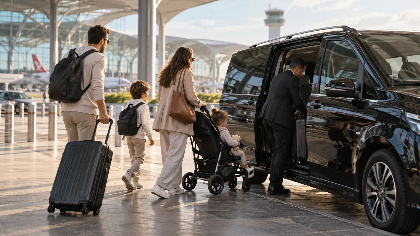 Family with luggage and stroller boarding a private airport transfer van.