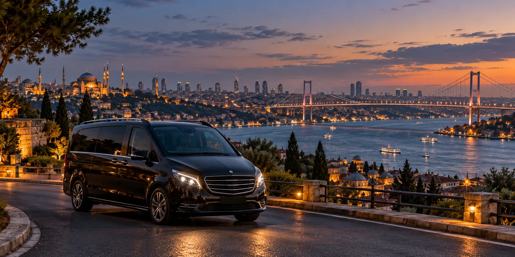 Private transfer van overlooking the Bosphorus in Istanbul at dusk.