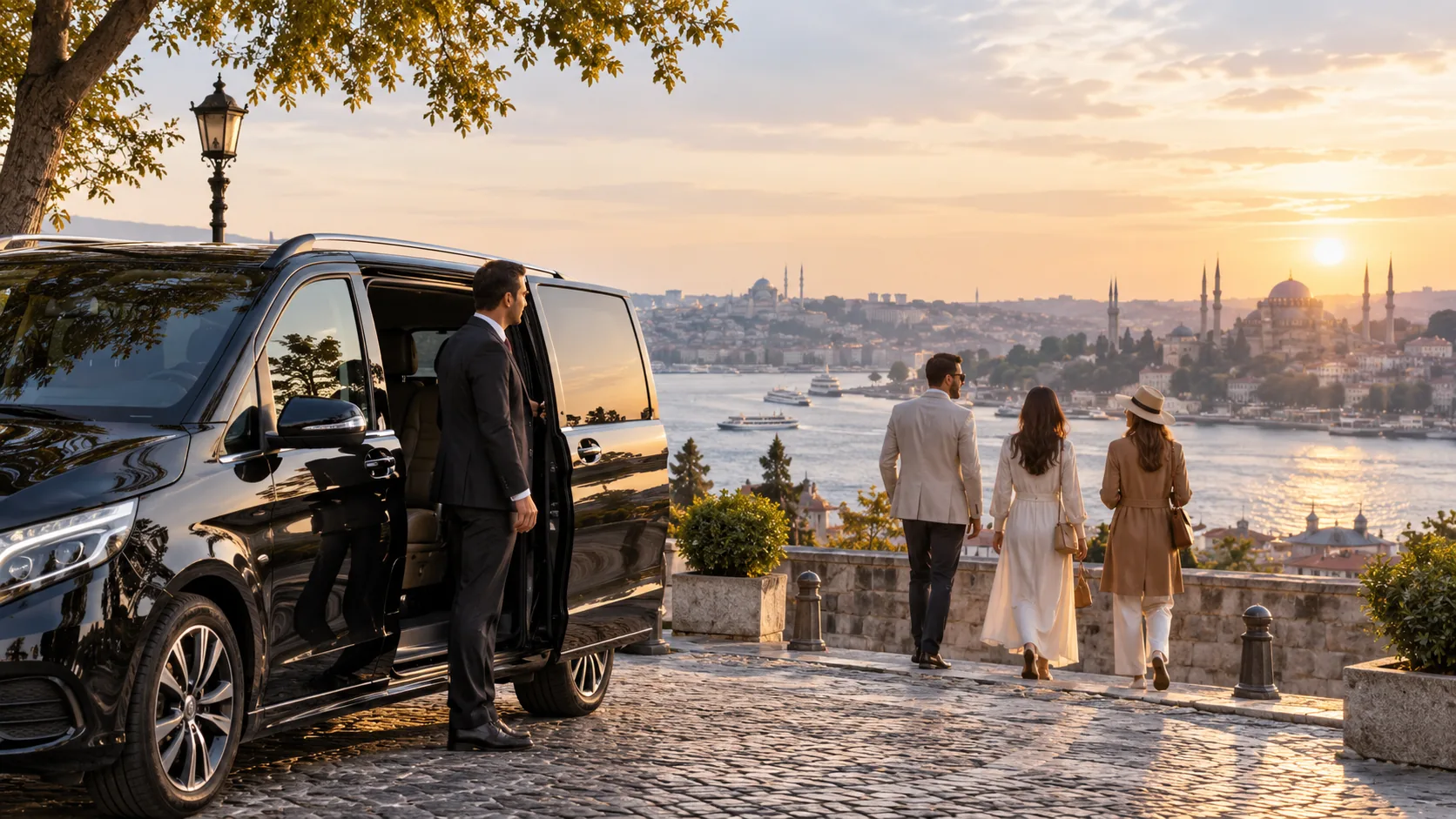 Private driver and guests at an Istanbul Bosphorus viewpoint.