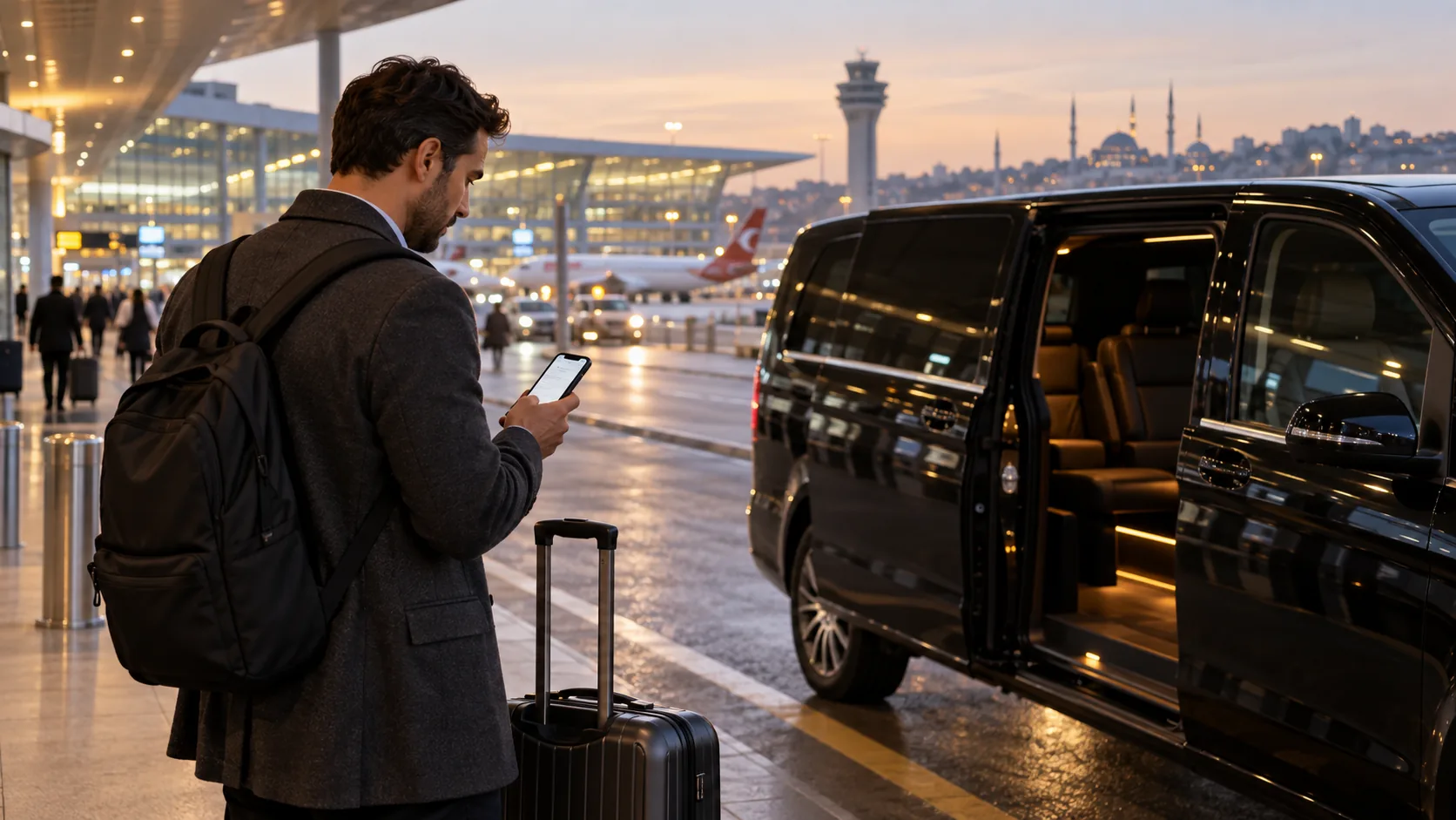 Traveler checking booking details near an airport transfer van.
